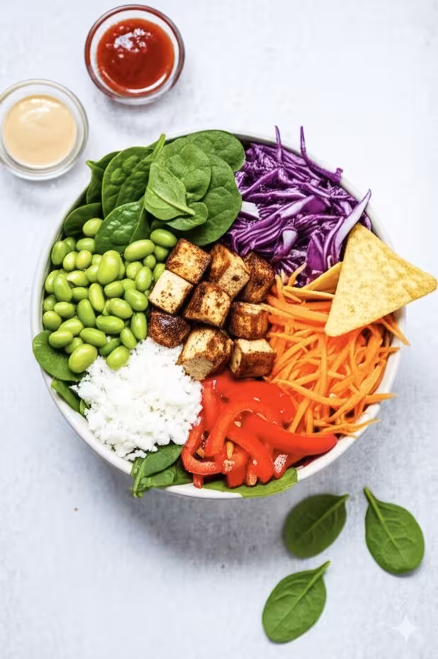 Edamame Energy Bowl with tofu and mixed greens
